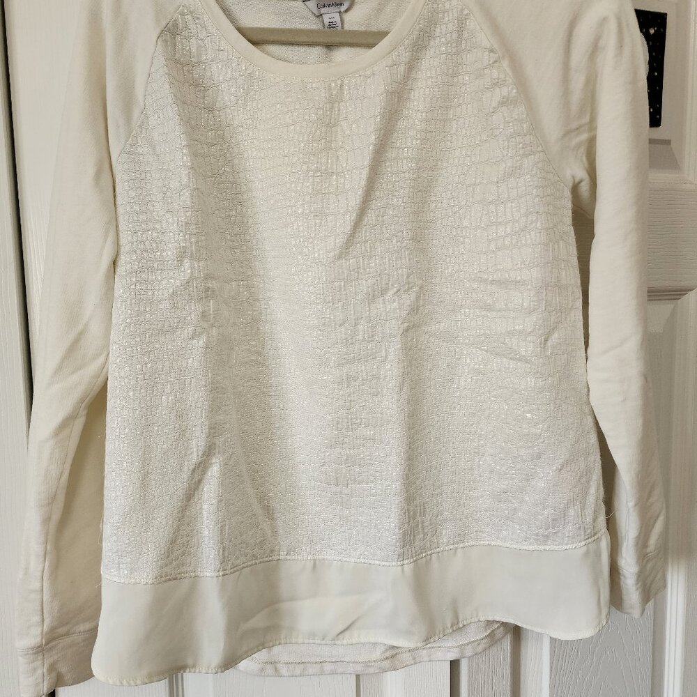 Calvin Klein Dressy Sweatshirt Crew Neck Textured Front with Ruffled Hem Size S
